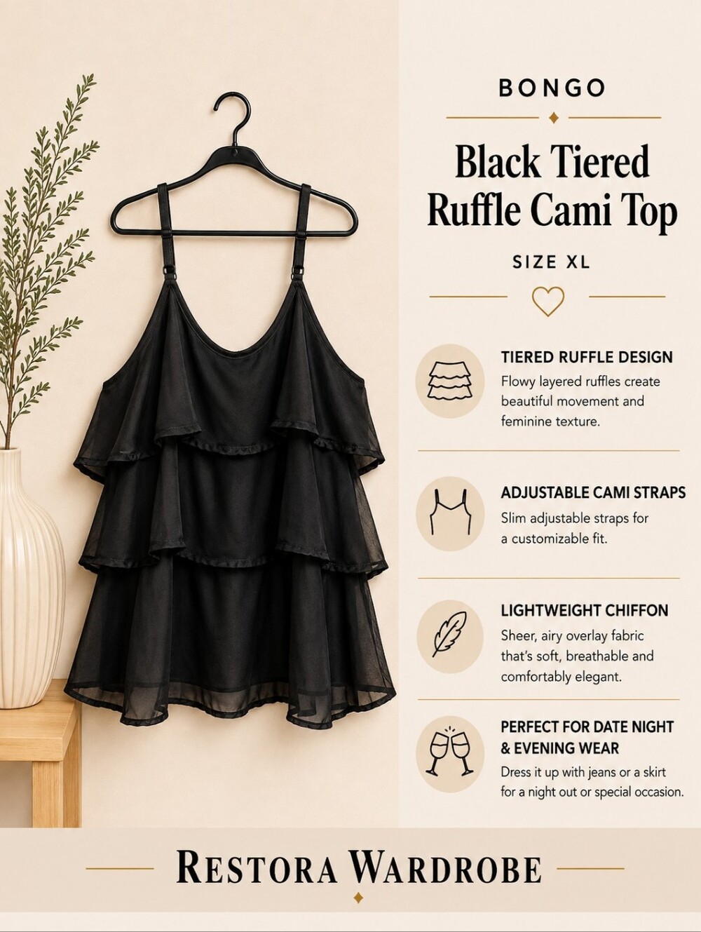 Bongo Y2K Romantic Black Tiered Sheer Chiffon Cami Top XL
